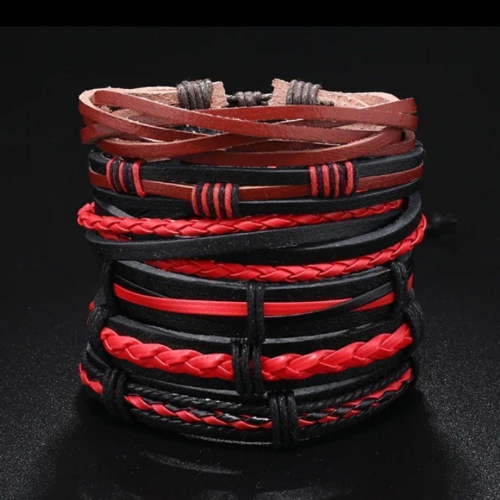 6pc‎  Men's leather bracelets set layered braided Red new e52